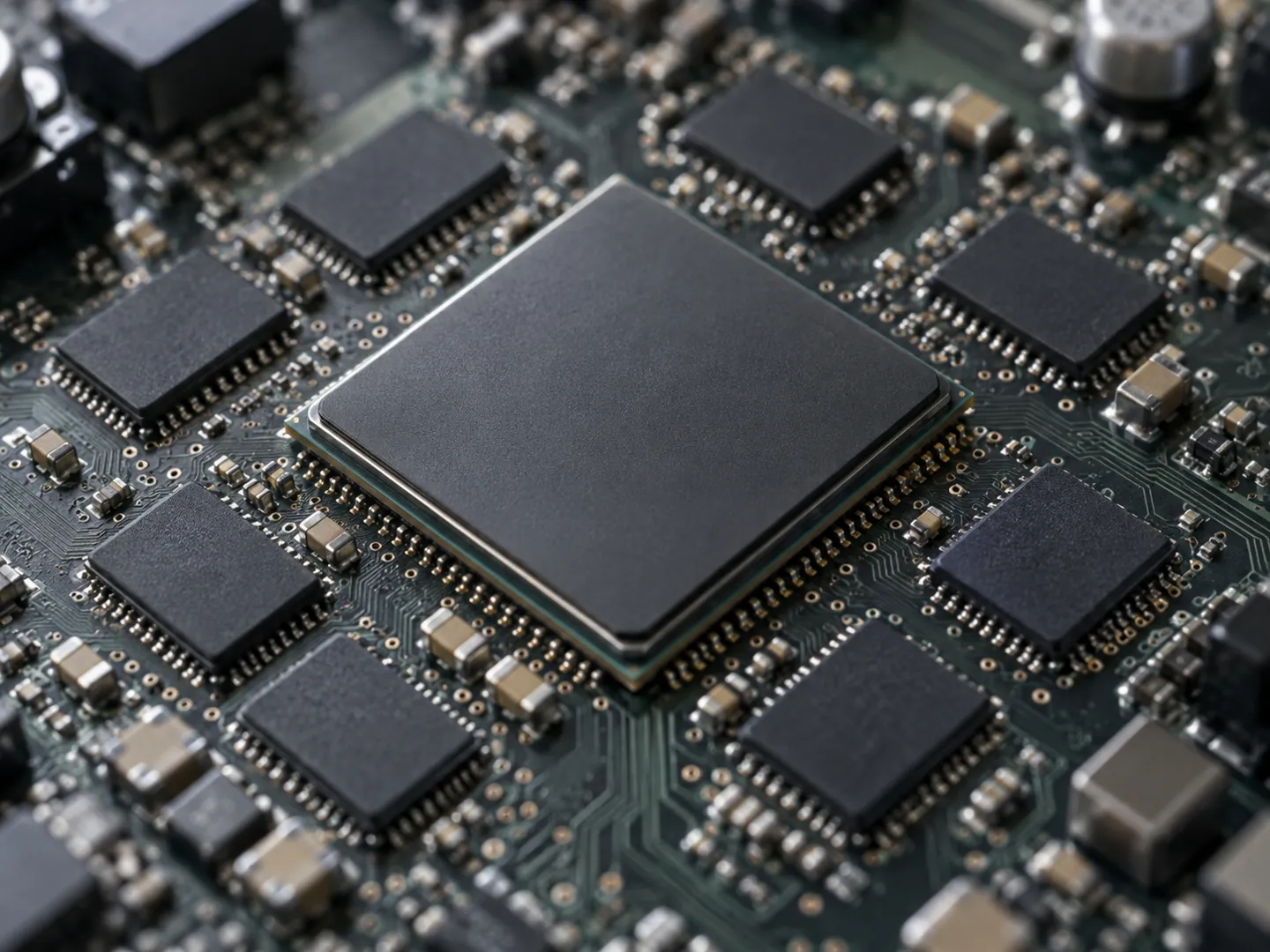 Close-up of a circuit board with a central processor chip surrounded by a ring of smaller square memory chips