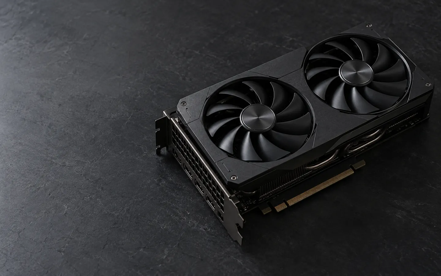 A plain graphics card with two cooling fans lying on a dark desk under soft studio light